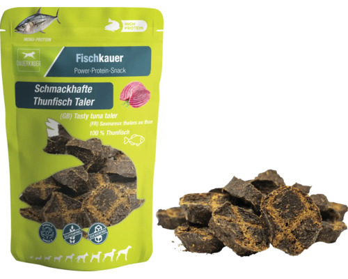 Fischkauer Schmackhafte Thunfisch Taler, 100 Prozent Thunfisch, getreidefreier und zuckerfreier proteinreicher Hundesnack.