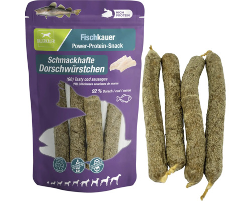 Dauerkauer Fischkauer Dorschwürstchen für Hunde, 92 Prozent Dorschanteil, proteinreich, glutenfrei und zuckerfrei.