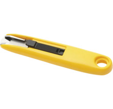 Gelbes Sicherheitsmesser aus Kunststoff mit schwarzem Schieber und Aufhängeloch.