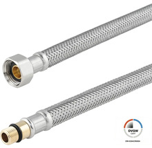 Flexibler Panzerschlauch aus Edelstahlgeflecht mit einer Überwurfmutter und einem Außengewinde aus Messing. DVGW zertifiziert.