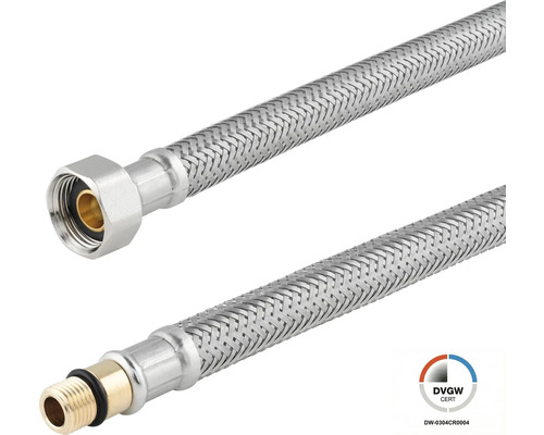 Flexibler Panzerschlauch aus Edelstahlgeflecht mit einer Überwurfmutter und einem Außengewinde aus Messing. DVGW zertifiziert.
