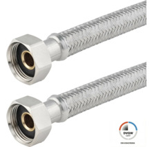 Zwei flexible Panzerschläuche aus Edelstahlgeflecht mit Überwurfmuttern und Dichtungen, DVGW zertifiziert.