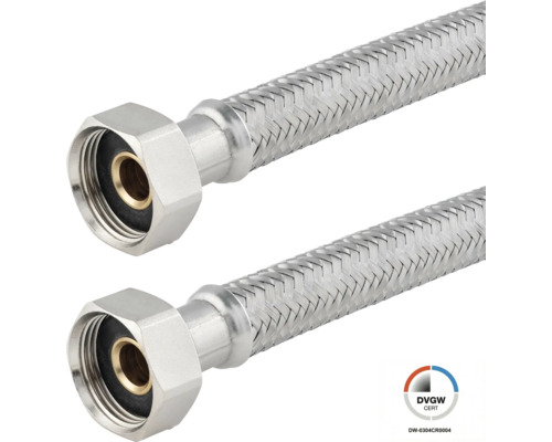 Zwei flexible Panzerschläuche aus Edelstahlgeflecht mit Überwurfmuttern und Dichtungen, DVGW zertifiziert.