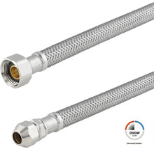 Flexibler Sanitärschlauch mit Edelstahlumflechtung, Anschlussverschraubung und DVGW Zertifizierung.