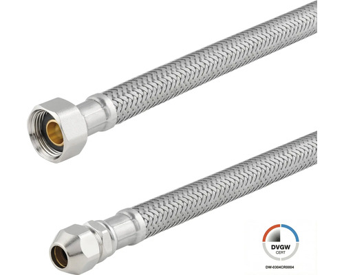 Flexibler Sanitärschlauch mit Edelstahlumflechtung, Anschlussverschraubung und DVGW Zertifizierung.