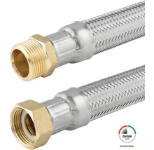 Flexibler Panzerschlauch mit Edelstahlgeflecht, Messing-Außengewinde und Überwurfmutter, für Trinkwasser zertifiziert.