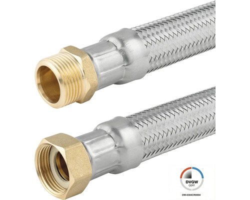 Flexibler Panzerschlauch mit Edelstahlgeflecht, Messing-Außengewinde und Überwurfmutter, für Trinkwasser zertifiziert.