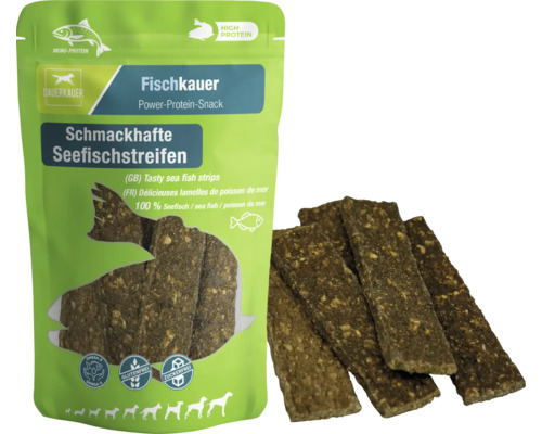 Dauerkauer Fischkauer Schmackhafte Seefischstreifen, Hundesnack aus 100 Prozent Seefisch, proteinreich, glutenfrei und zuckerfrei.