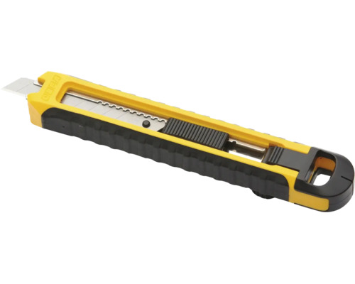 Olfa Cuttermesser mit Abbrechklinge und gelb-schwarzem, profiliertem Kunststoffgriff.