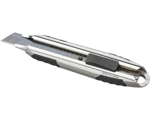 Cuttermesser mit Metallgehäuse, gummierter Grifffläche und Schieberiegel für Abbrechklingen.