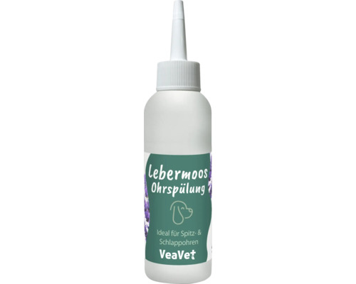 VeaVet Lebermoos Ohrspülung für Hunde, Kunststoffflasche mit Dosierspitze.