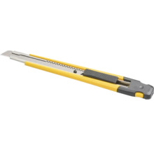 Gelbes Cuttermesser mit Abbrechklinge, Kunststoffgriff und Metallführung.
