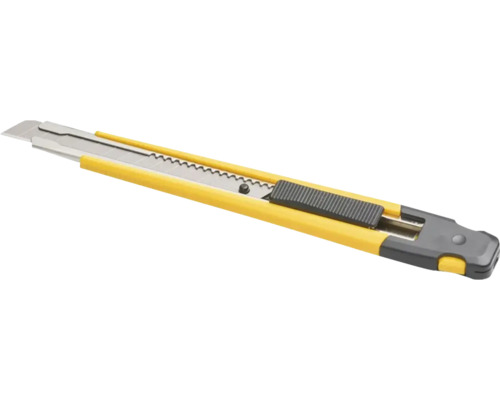 Gelbes Cuttermesser mit Abbrechklinge, Kunststoffgriff und Metallführung.