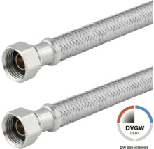 Flexibler Anschlussschlauch mit Edelstahlumflechtung und DVGW Zertifizierung.
