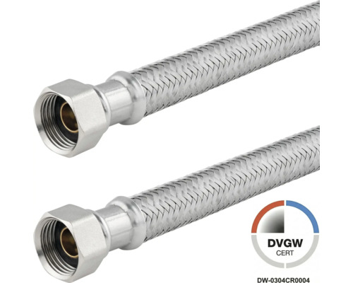 Flexibler Anschlussschlauch mit Edelstahlumflechtung und DVGW Zertifizierung.