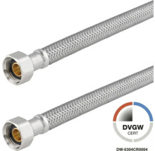 Flexibler Panzerschlauch aus Edelstahl mit DVGW-Zertifizierung und Anschlussmutter.