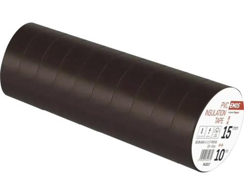 10 Rollen schwarzes EMOS PVC-Isolierband, 15 Millimeter Breite, 10 Meter Länge.