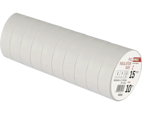 Packung mit zehn Rollen weißem PVC-Isolierband von EMOS, Breite 15 Millimeter, Länge 10 Meter pro Rolle.