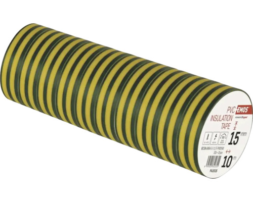 EMOS PVC-Isolierband gelb-grün gestreift, 10 Stück, 15 Millimeter breit, 10 Meter lang.