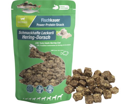Fischkauer Power-Protein-Snack mit Hering und Dorsch, 100 Prozent Fisch, glutenfrei und zuckerfrei, Hundeleckerli in Würfelform.