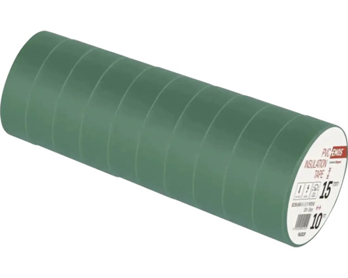 Packung mit zehn grünen EMOS PVC-Isolierbandrollen, Breite 15 Millimeter, Länge 10 Meter.