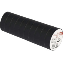 Zehn Rollen schwarzes Polyvinylchlorid Isolierband von EMOS, 15 Millimeter breit und 10 Meter lang, für Elektroinstallationen.