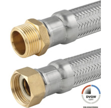 Flexibler Panzerschlauch aus Edelstahlgeflecht mit Messinganschlüssen, Außengewinde und Innengewinde, DVGW-zertifiziert.