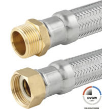 Flexibler Panzerschlauch mit Edelstahlumflechtung, Außengewinde und Überwurfmutter aus Messing, DVGW-zertifiziert.