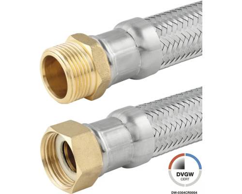Flexibler Panzerschlauch mit Edelstahlumflechtung, Außengewinde und Überwurfmutter aus Messing, DVGW-zertifiziert.