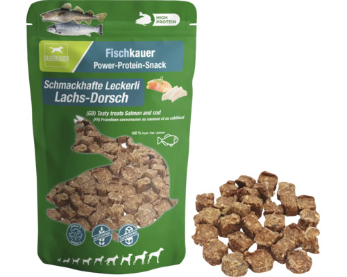 Dauerkauer Fischkauer Power-Protein-Snack für Hunde, Lachs und Dorsch, hundert Prozent Fisch, glutenfrei und zuckerfrei.