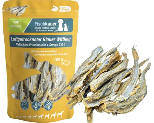 Fischkauer Luftgetrockneter Blauer Wittling, proteinreicher Snack für Hunde und Katzen, glutenfrei und ohne Zuckerzusatz.