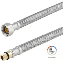 Flexibler Armaturenanschlussschlauch mit Edelstahlgeflecht, Gewindeanschlüssen und DVGW-Zertifizierung.