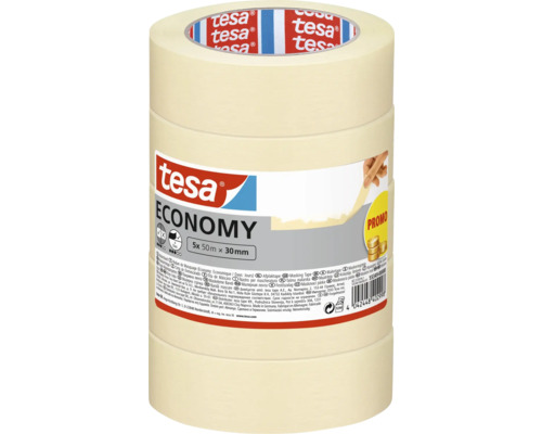 tesa Malerkrepp Economy, 5 Rollen, 50 Meter mal 30 Millimeter, 4 Tage rückstandsfrei entfernbar.