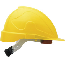 Gelber Schutzhelm aus Kunststoff für die Baustelle mit verstellbarer Innenausstattung.