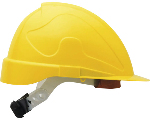 Gelber Schutzhelm aus Kunststoff für die Baustelle mit verstellbarer Innenausstattung.