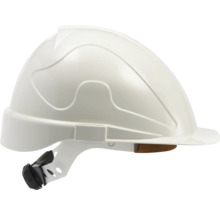 Weißer Schutzhelm mit verstellbarem Drehverschluss.