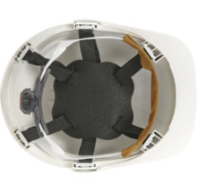 Innenansicht eines weißen Schutzhelms mit Textilgurtband, Schweißband und Drehverschluss zur Größenverstellung.