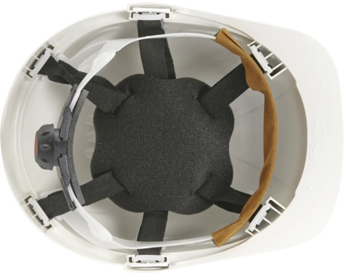 Innenansicht eines weißen Schutzhelms mit Textilgurtband, Schweißband und Drehverschluss zur Größenverstellung.