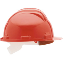 Roter Bauhelm aus Kunststoff mit Innenausstattung.