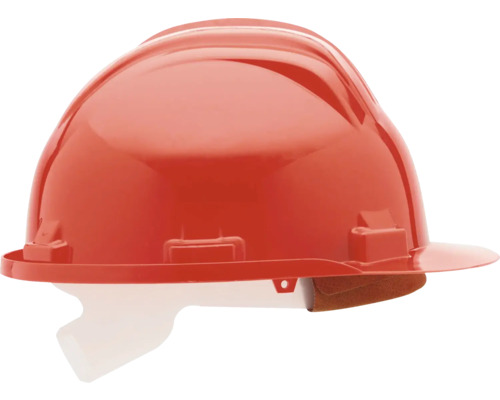 Roter Bauhelm aus Kunststoff mit Innenausstattung.
