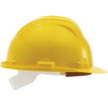 Gelber Schutzhelm aus Kunststoff für die Baustelle mit Schirm.