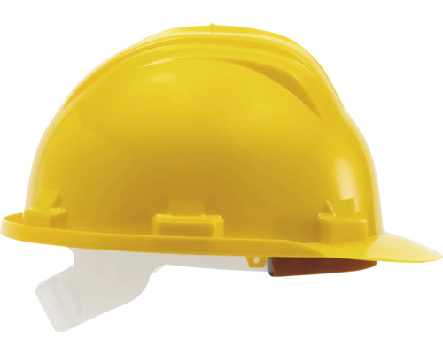 Gelber Schutzhelm aus Kunststoff für die Baustelle mit Schirm.