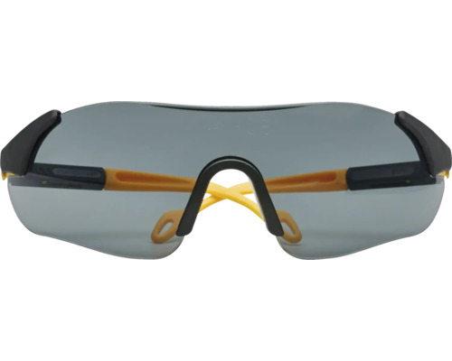 Schutzbrille mit grauen Gläsern und gelben Bügeln für den Arbeitsschutz.