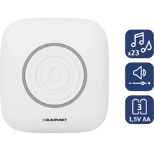 Weißer Blaupunkt Funkgong mit 23 Melodien, einstellbarer Lautstärke, Betrieb mit 3 AA 1,5 Volt Batterien und Blaupunkt Logo.
