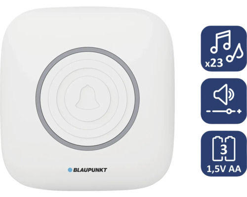 Weißer Blaupunkt Funkgong mit 23 Melodien, einstellbarer Lautstärke, Betrieb mit 3 AA 1,5 Volt Batterien und Blaupunkt Logo.