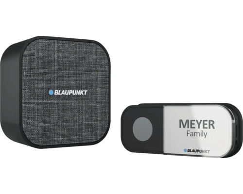 Blaupunkt Funk Türklingel Set mit quadratischem Empfänger mit Textilbezug und Klingeltaster mit Namensschild.
