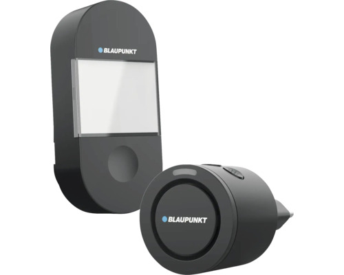 Blaupunkt Funkklingel-Set bestehend aus einem Sender mit Namensschild und einem Empfänger für die Steckdose.