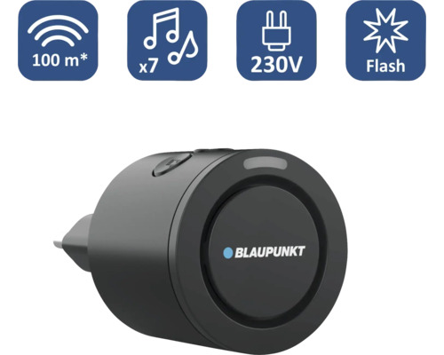 Blaupunkt Funkgong für die Steckdose mit 100 Meter Reichweite, 7 Melodien, 230 Volt Anschluss und Blitzlichtfunktion. Blaupunkt Logo.