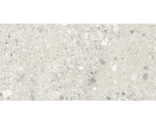 Bodenfliese oder Wandfliese in Terrazzo-Optik mit grauen und weißen Steineinschlüssen