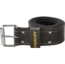 Schwarzer Stanley Arbeitsgürtel aus Leder mit silberner Metallschnalle, weißen Nähten, Nieten und Stanley Logo.